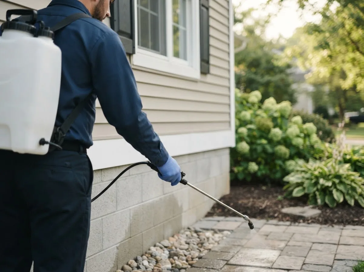 Pest control technician inspecting a home in Hindsville, AR